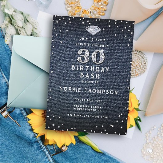 Invitation Denim Diamonds Bling 30e fête d'anniversaire