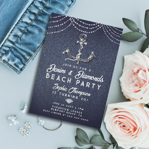 Invitation Denim Diamonds Bling Ancre Beach Anniversaire