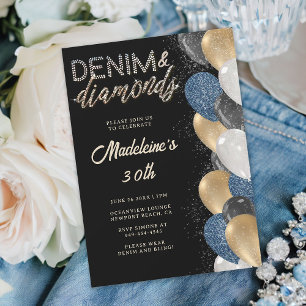 Invitation Denim Diamonds Bling Balloons Noir 30e anniversair