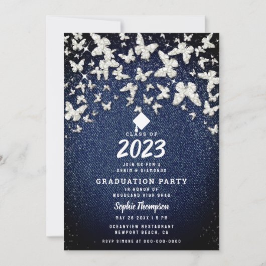 Invitation Denim Diamonds Bling Butterflies Graduation Party (Devant)