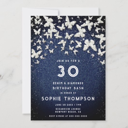 Invitation Denim Diamonds Bling Butterfly 30th Birthday Party (Devant)