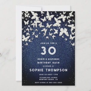 Invitation Denim Diamonds Bling Butterfly 30th Birthday Party