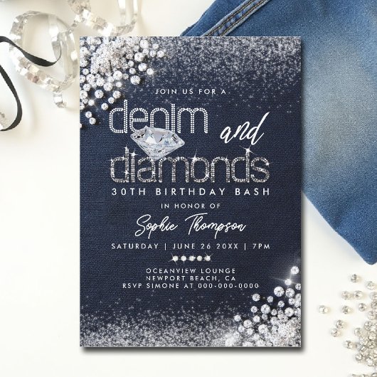 Invitation Denim Diamonds Bling Classy 30e fête d'anniversair