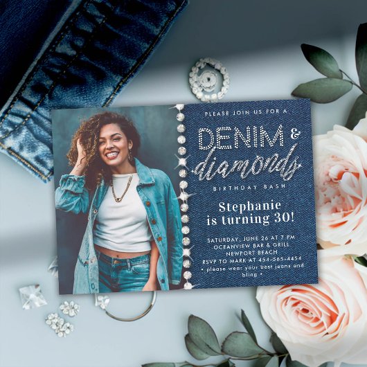 Invitation Denim Diamonds Bling Classy Photo 30e anniversaire
