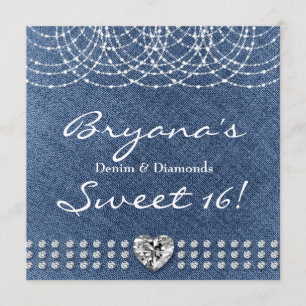 Invitation Denim & Diamonds Bling Cœur Douce Fête de 16 Ans