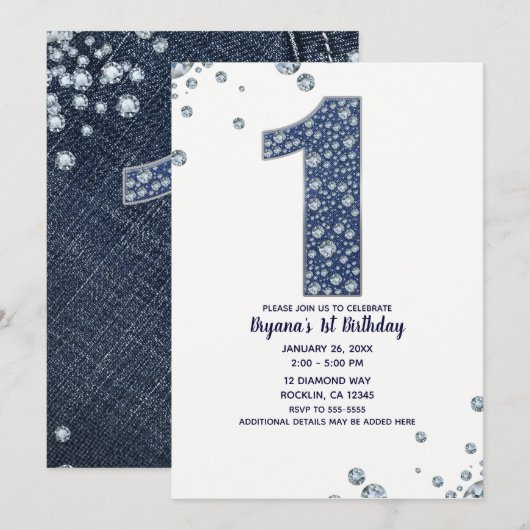Invitation Denim & Diamonds Bling Étincelle 1er Anniversaire  (Devant / Derrière)