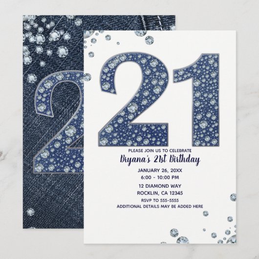 Invitation Denim & Diamonds Bling Étincelle 21 ans 21e Annive (Devant / Derrière)