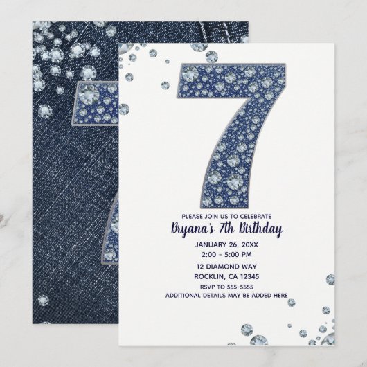 Invitation Denim & Diamonds Bling Étincelle 7e 7 Anniversaire (Devant / Derrière)