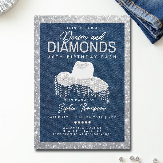 Invitation Denim Diamonds Bling Frame 30e Anniversaire