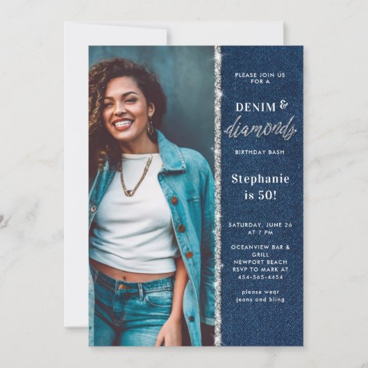 Invitation Denim Diamonds Bling Paillettes Photo 50e Annivers (Devant)