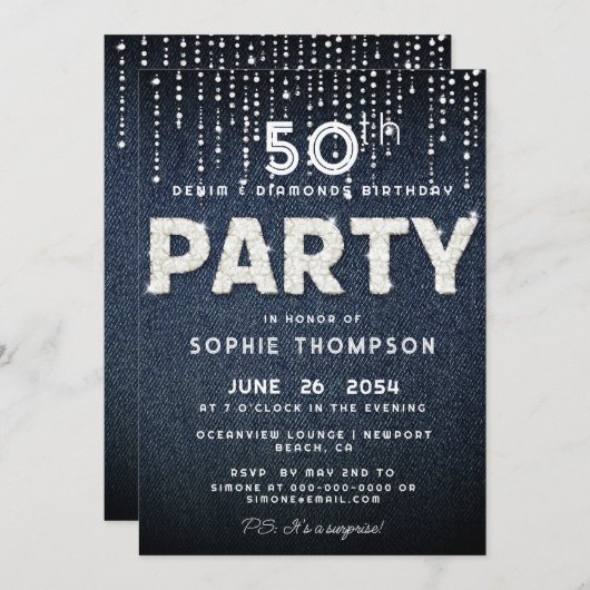 Invitation Denim Diamonds Bling Parties scintillant Classic A (Devant / Derrière)