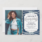 Invitation Denim Diamonds Bling Pearls Photo 40e anniversaire (Devant)