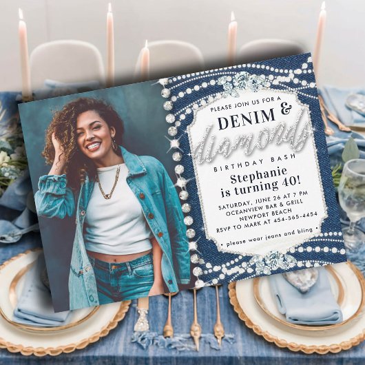Invitation Denim Diamonds Bling Pearls Photo 40e anniversaire