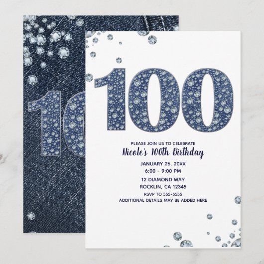Invitation Denim & Diamonds Bling Sparkle 100TH 100 Anniversa (Devant / Derrière)