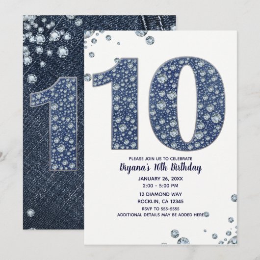 Invitation Denim & Diamonds Bling Sparkle 10e 10 Anniversaire (Devant / Derrière)