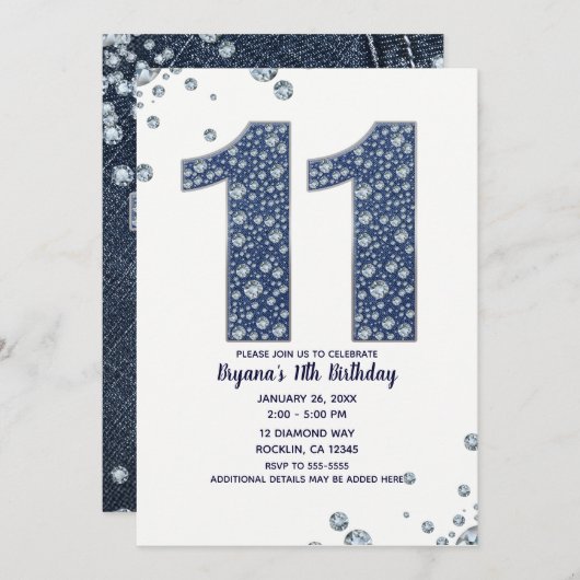 Invitation Denim & Diamonds Bling Sparkle 11e 11 Anniversaire (Devant / Derrière)