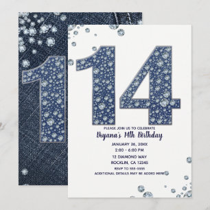 Invitation Denim & Diamonds Bling Sparkle 14 ans 14 Anniversa