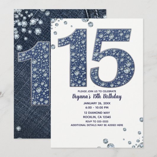 Invitation Denim & Diamonds Bling Sparkle 15e 15 ans d'annive (Devant / Derrière)