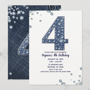 Invitation Denim & Diamonds Bling Sparkle 4e 4 Anniversaire