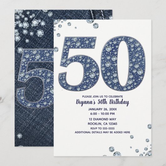 Invitation Denim & Diamonds Bling Sparkle 50TH 50 Anniversair (Devant / Derrière)