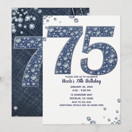 Invitation Denim & Diamonds Bling Sparkle 75TH 75e anniversai (Devant / Derrière)
