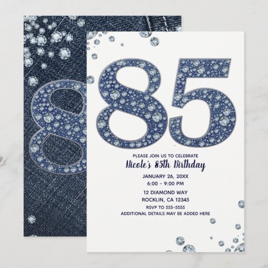 Invitation Denim & Diamonds Bling Sparkle 85TH 85 Anniversair (Devant / Derrière)