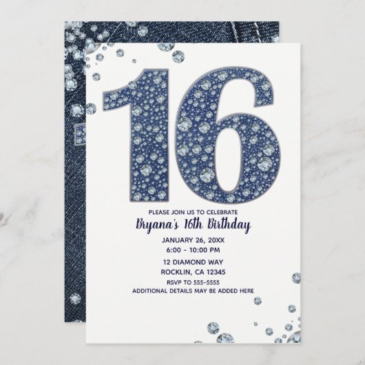 Invitation Denim & Diamonds Bling Sparkle Sweet 16 Anniversai (Devant / Derrière)