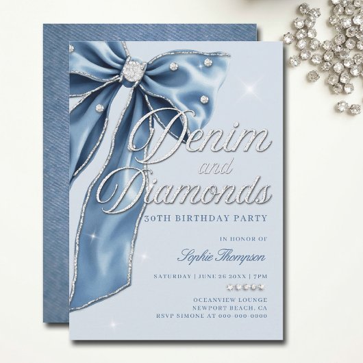 Invitation Denim Diamonds Blue Bow Script 30e fête d'annivers