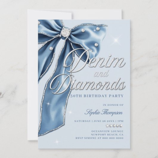 Invitation Denim Diamonds Blue Bow Script 30e fête d'annivers (Devant)