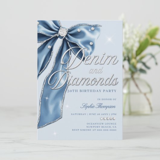 Invitation Denim Diamonds Blue Bow Script 30e fête d'annivers (Debout devant)