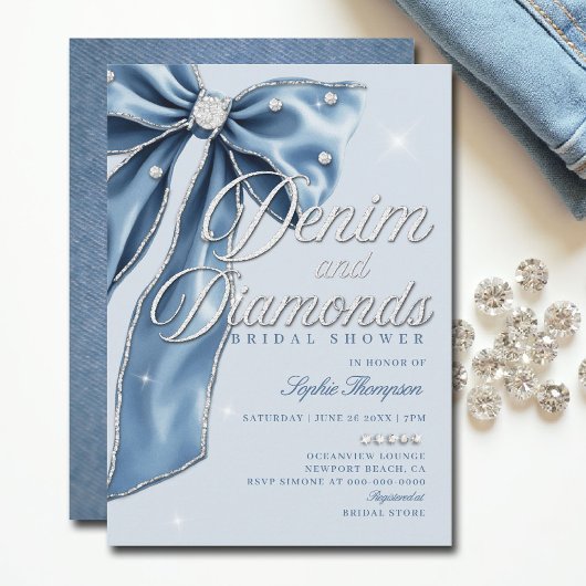 Invitation Denim Diamonds Blue Bow Script Fête des mariées ch
