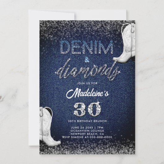 Invitation Denim Diamonds Bottes blanches Brunch 30e annivers (Devant)
