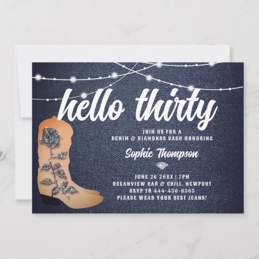 Invitation Denim Diamonds Bottes de fille Script 30e annivers (Devant)