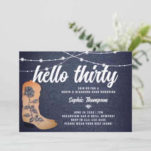 Invitation Denim Diamonds Bottes de fille Script 30e annivers (Debout devant)