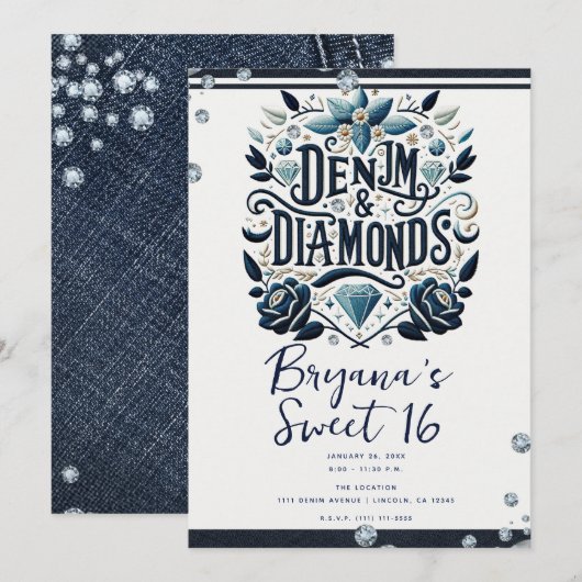 Invitation Denim & Diamonds Broderie Florale Douce 16 (Devant / Derrière)