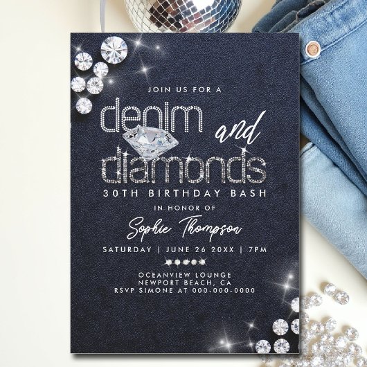 Invitation Denim Diamonds Classy Bling 30e Anniversaire