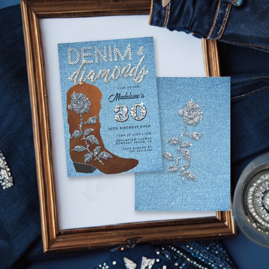 Invitation Denim Diamonds Cowgirl Bling Jeans fête d'annivers