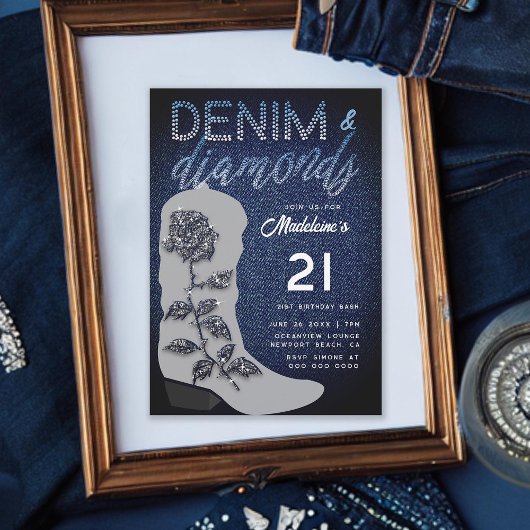 Invitation Denim Diamonds Cowgirl Boot Bling 21e anniversaire