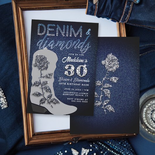 Invitation Denim Diamonds Cowgirl Boot Bling Anniversaire