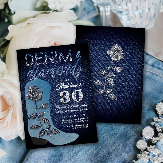 Invitation Denim Diamonds Cowgirl Boot Rose 30 Anniversaire f