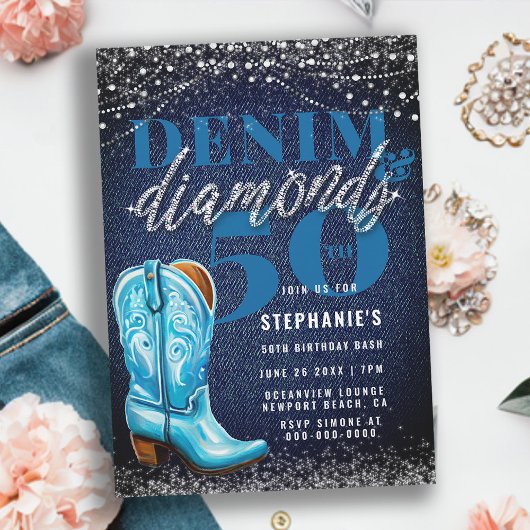 Invitation Denim Diamonds Cowgirl Boot rustique 50e anniversa
