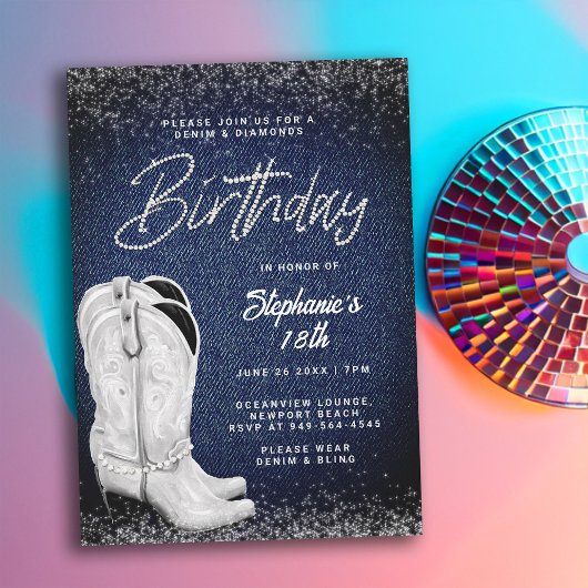 Invitation Denim Diamonds Cowgirl Boots Bling 18e anniversair