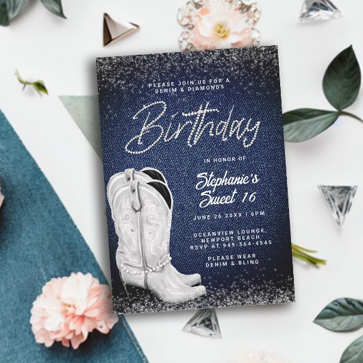 Invitation Denim Diamonds Cowgirl Boots Bling Sweet 16