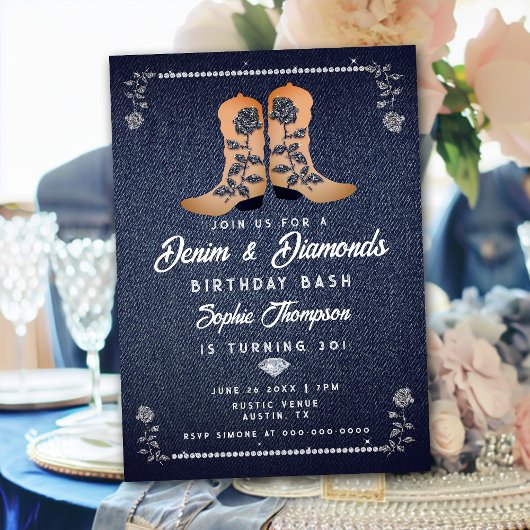 Invitation Denim Diamonds Cowgirl Boots Rose fête d'anniversa