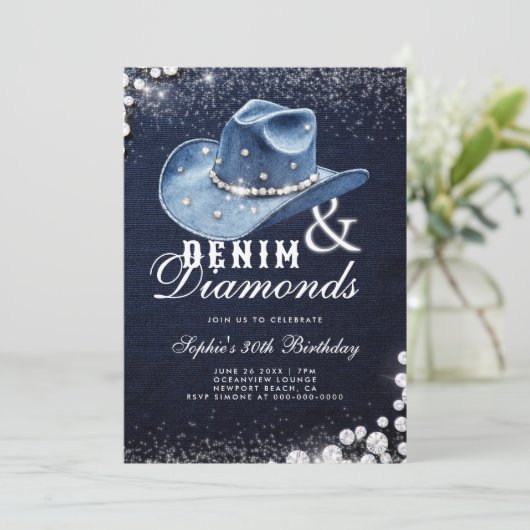 Invitation Denim Diamonds Cowgirl Casquette Script 30e annive (Debout devant)