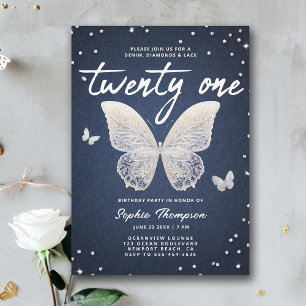 Invitation Denim Diamonds dentelle papillon moderne 21e anniv