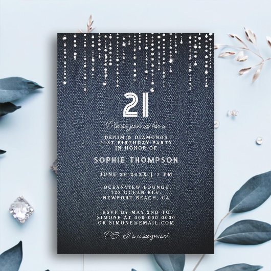 Invitation Denim Diamonds Drippings 21e fête d'anniversaire
