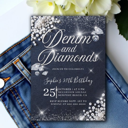 Invitation Denim Diamonds Glam Script Classy 30e anniversaire