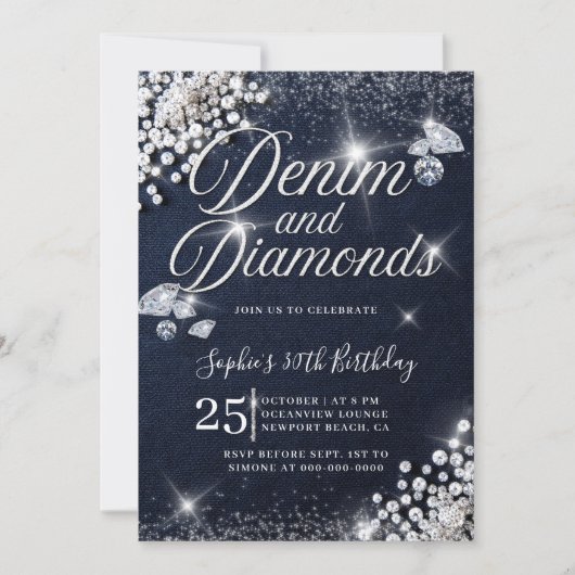 Invitation Denim Diamonds Glam Script Classy 30e anniversaire (Devant)