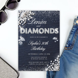 Invitation Denim Diamonds Glam Type Classy 30th Birthday